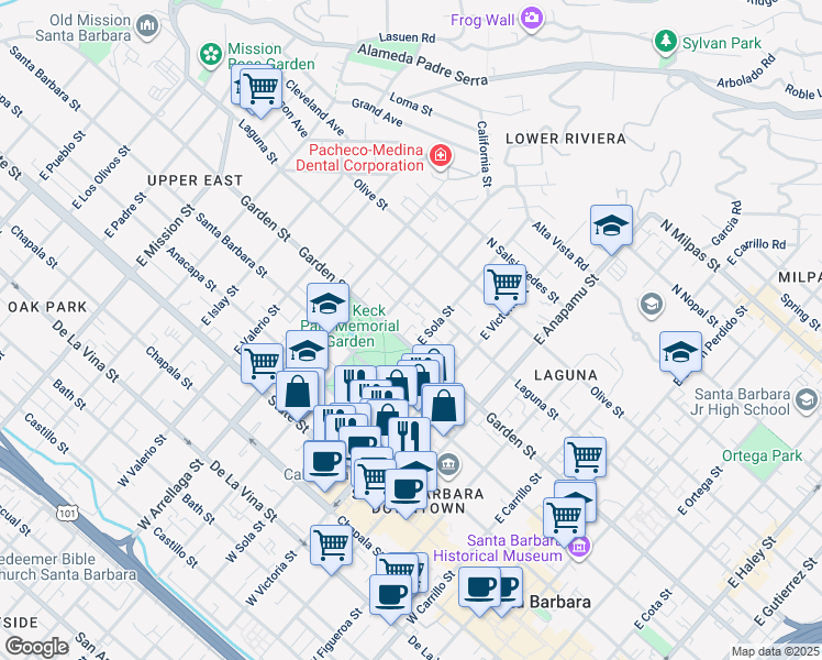 map of restaurants, bars, coffee shops, grocery stores, and more near 1410 Garden Street in Santa Barbara