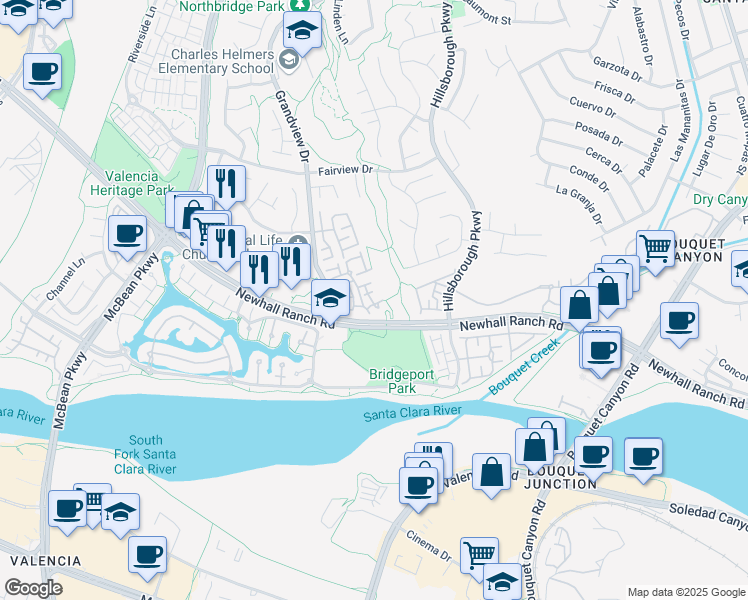 map of restaurants, bars, coffee shops, grocery stores, and more near 23617 Big Horn Walk in Santa Clarita