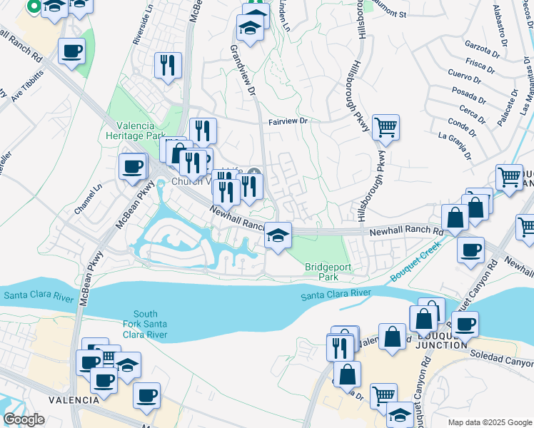 map of restaurants, bars, coffee shops, grocery stores, and more near 23811 Newhall Ranch Road in Santa Clarita