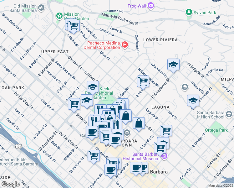 map of restaurants, bars, coffee shops, grocery stores, and more near 1410 Garden Street in Santa Barbara