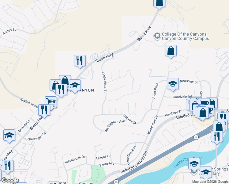 map of restaurants, bars, coffee shops, grocery stores, and more near 17334 Sierra Sunrise Lane in Santa Clarita