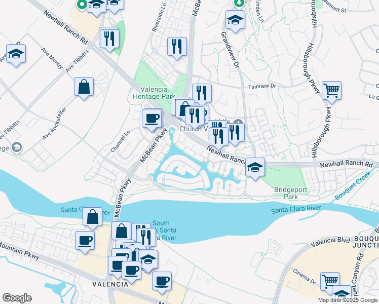 map of restaurants, bars, coffee shops, grocery stores, and more near 23916 Windward Lane in Santa Clarita