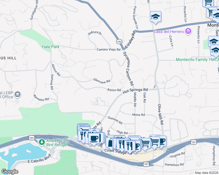 map of restaurants, bars, coffee shops, grocery stores, and more near 1149 Glenview Road in Montecito