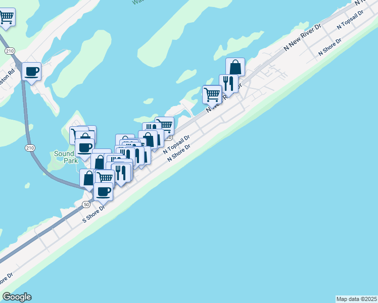map of restaurants, bars, coffee shops, grocery stores, and more near 416 North Shore Drive in Surf City