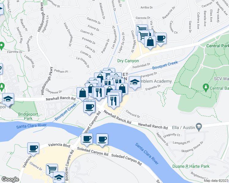 map of restaurants, bars, coffee shops, grocery stores, and more near 26586 Bouquet Canyon Road in Santa Clarita