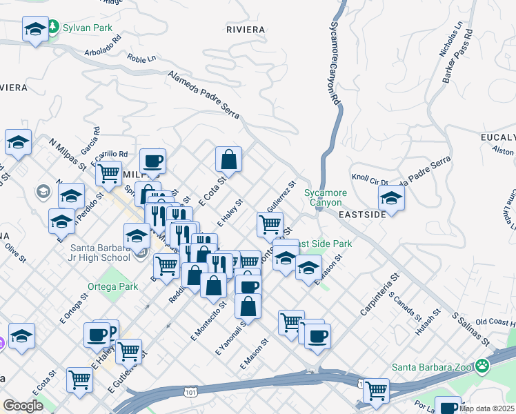 map of restaurants, bars, coffee shops, grocery stores, and more near 1204 Blanchard Street in Santa Barbara
