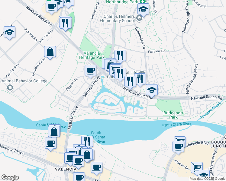 map of restaurants, bars, coffee shops, grocery stores, and more near 23916 Windward Lane in Santa Clarita