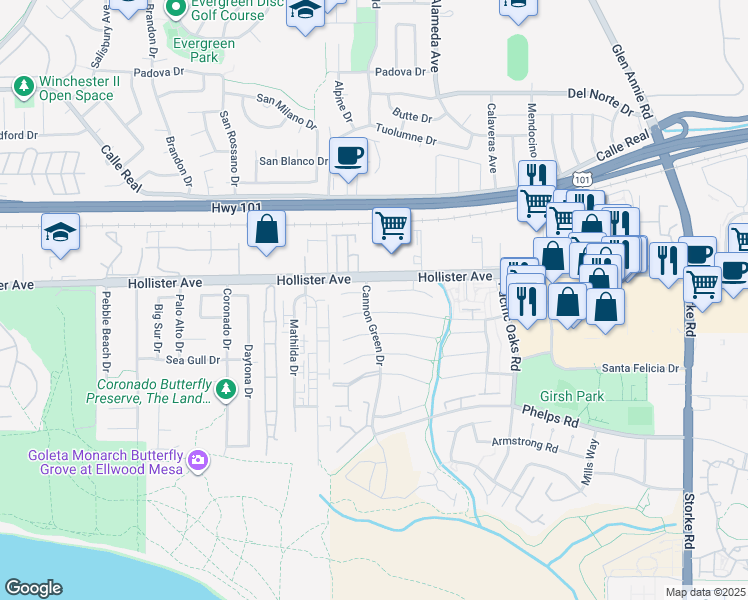 map of restaurants, bars, coffee shops, grocery stores, and more near 7340 Lowell Way in Goleta