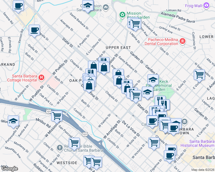 map of restaurants, bars, coffee shops, grocery stores, and more near 11 West Pedregosa Street in Santa Barbara