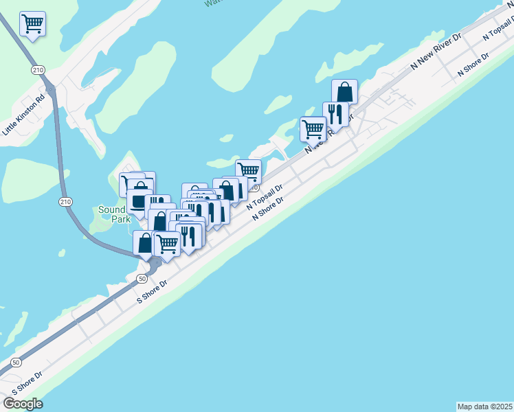 map of restaurants, bars, coffee shops, grocery stores, and more near 328 North Topsail Drive in Surf City