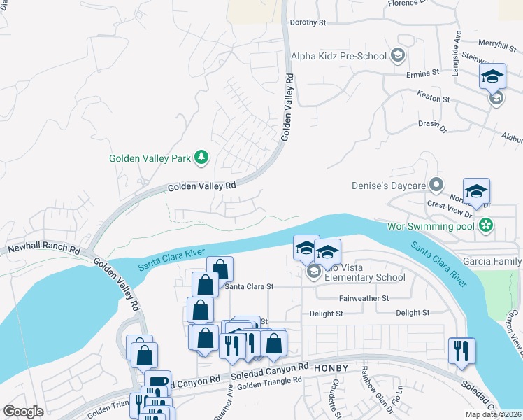 map of restaurants, bars, coffee shops, grocery stores, and more near 20506 Galloway Drive in Santa Clarita