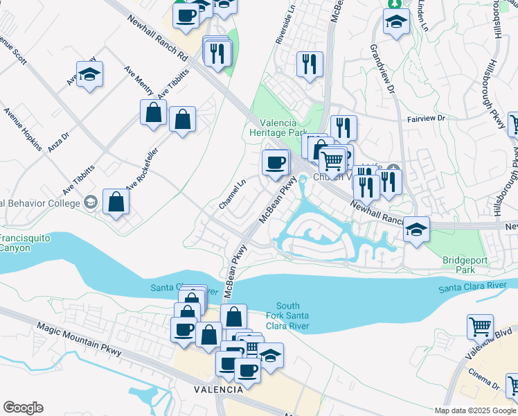 map of restaurants, bars, coffee shops, grocery stores, and more near 27060 Victoria Lane in Santa Clarita