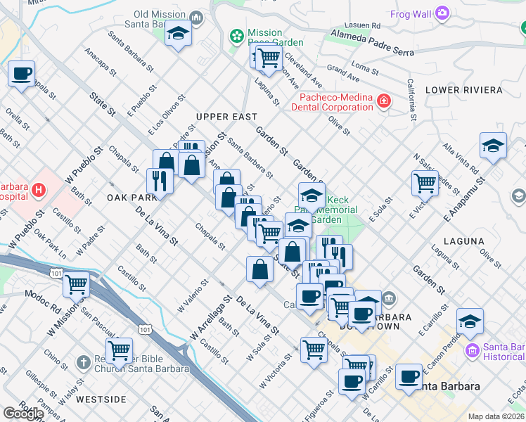 map of restaurants, bars, coffee shops, grocery stores, and more near 1717 Anacapa Street in Santa Barbara