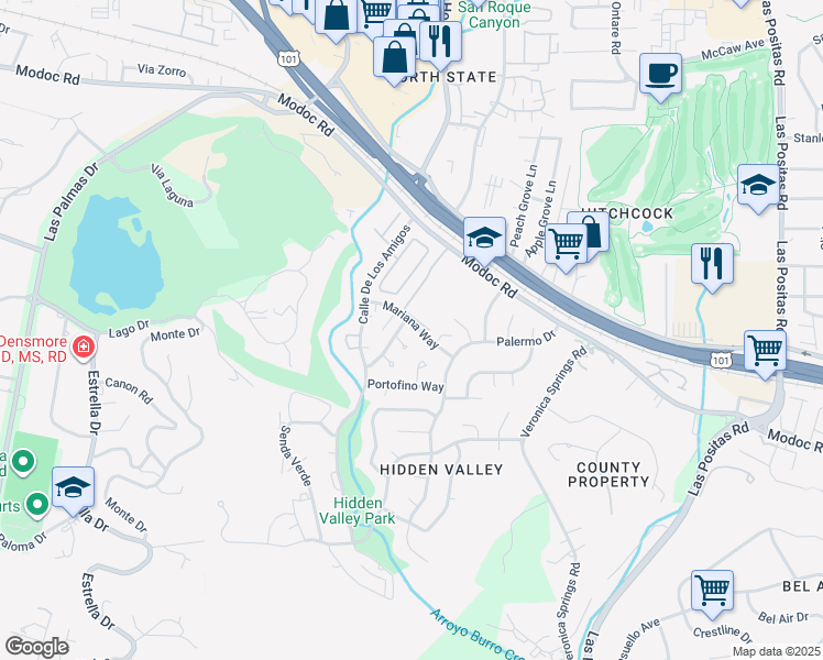 map of restaurants, bars, coffee shops, grocery stores, and more near 3775 Modoc Road in Santa Barbara