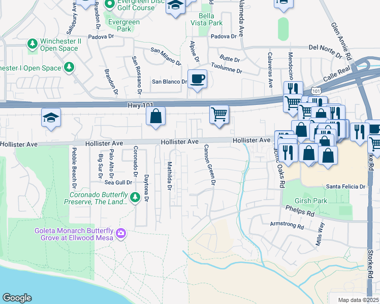 map of restaurants, bars, coffee shops, grocery stores, and more near 7388 Chapman Place in Goleta