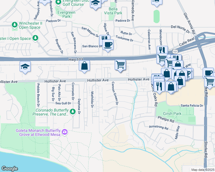 map of restaurants, bars, coffee shops, grocery stores, and more near 7388 Chapman Place in Goleta