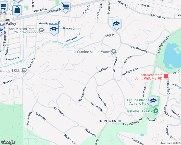 map of restaurants, bars, coffee shops, grocery stores, and more near 4490 Via Alegre in Santa Barbara