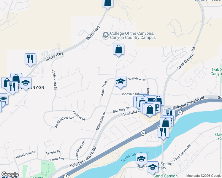 map of restaurants, bars, coffee shops, grocery stores, and more near 28515 Winterdale Drive in Santa Clarita