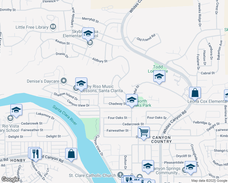 map of restaurants, bars, coffee shops, grocery stores, and more near Rosamond Drive in Santa Clarita