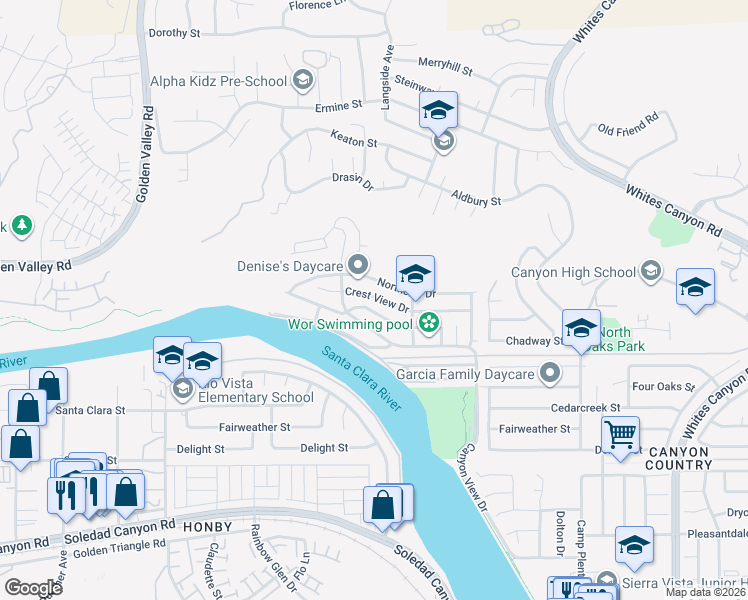 map of restaurants, bars, coffee shops, grocery stores, and more near 20066 Crest View Drive in Santa Clarita