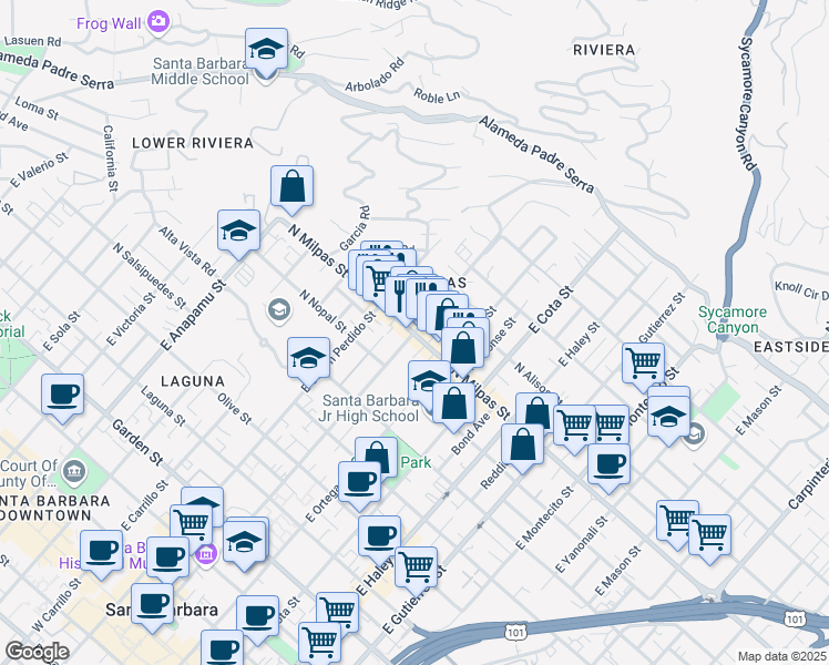 map of restaurants, bars, coffee shops, grocery stores, and more near N Milpas St & E De La Guerra St in Santa Barbara