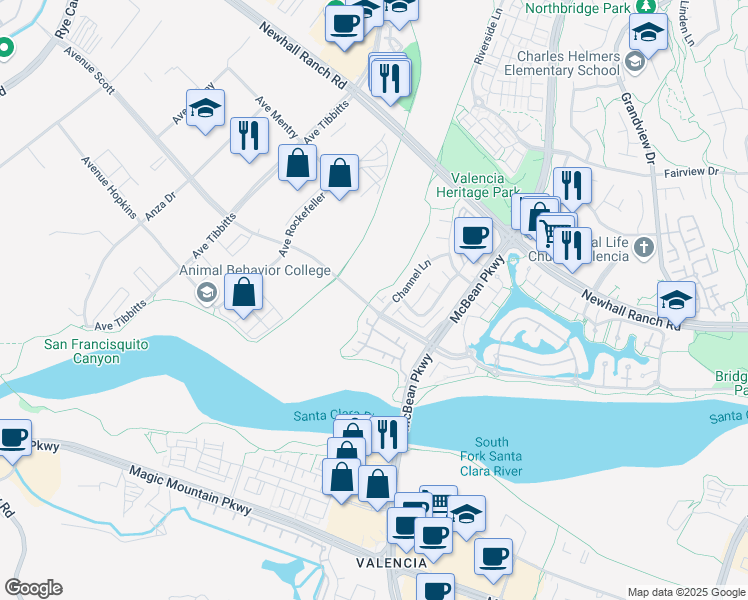 map of restaurants, bars, coffee shops, grocery stores, and more near 27009 Channel Lane in Santa Clarita
