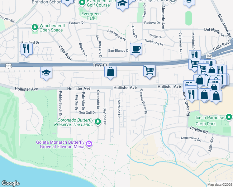 map of restaurants, bars, coffee shops, grocery stores, and more near 7465 Hollister Avenue in Goleta
