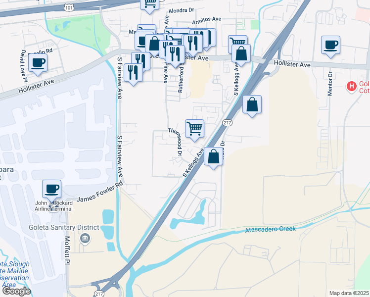map of restaurants, bars, coffee shops, grocery stores, and more near 5738 Thornwood Drive in Goleta