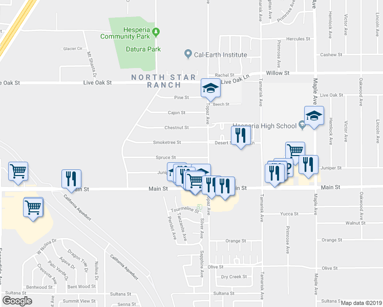 map of restaurants, bars, coffee shops, grocery stores, and more near 16675 Spruce Street in Hesperia