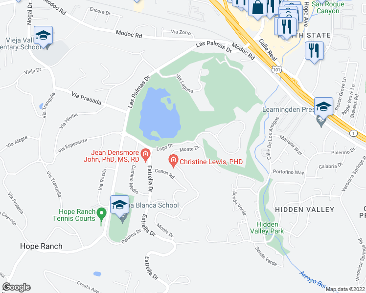 map of restaurants, bars, coffee shops, grocery stores, and more near 4015 Lago Drive in Santa Barbara