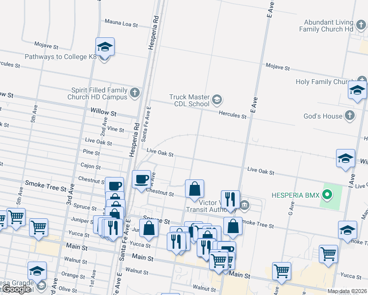 map of restaurants, bars, coffee shops, grocery stores, and more near 16876 Live Oak Street in Hesperia
