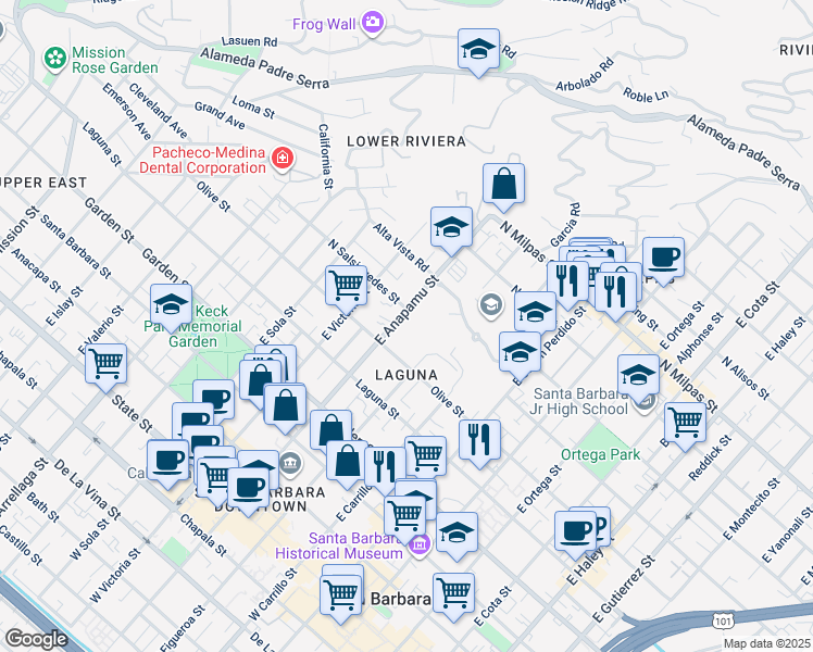 map of restaurants, bars, coffee shops, grocery stores, and more near 526 East Anapamu Street in Santa Barbara