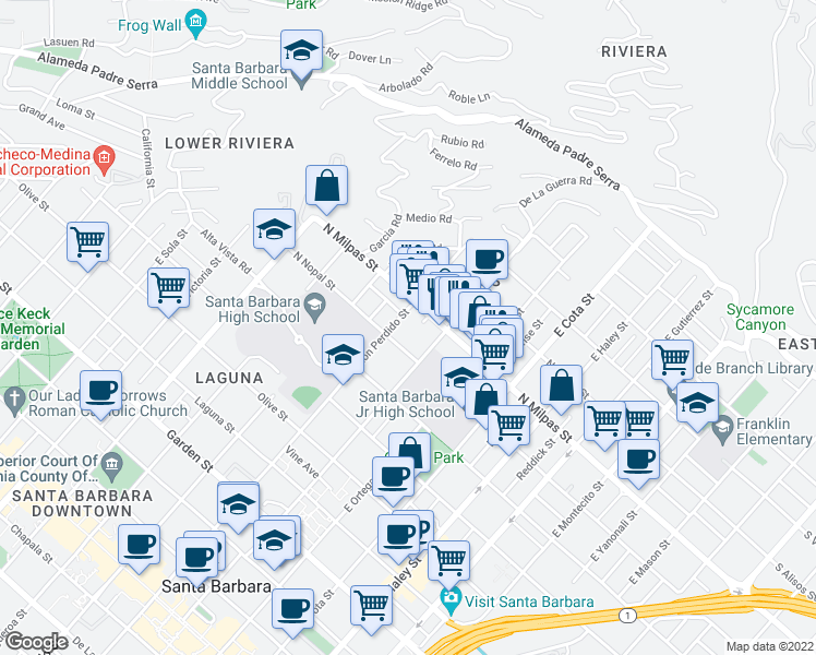 map of restaurants, bars, coffee shops, grocery stores, and more near 815 East Canon Perdido Street in Santa Barbara