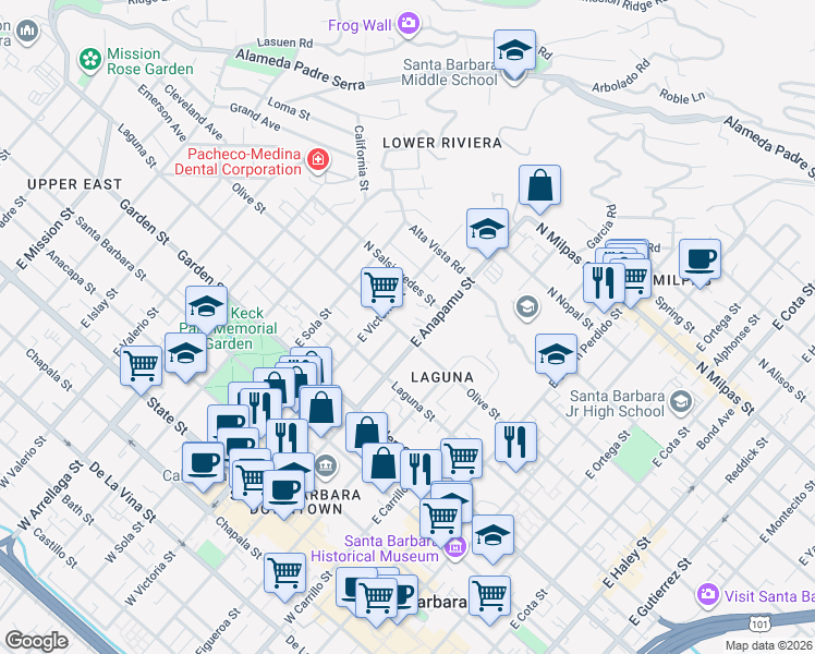 map of restaurants, bars, coffee shops, grocery stores, and more near 521 East Anapamu Street in Santa Barbara