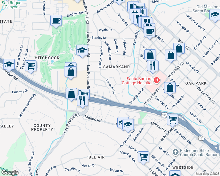 map of restaurants, bars, coffee shops, grocery stores, and more near 2550 Treasure Drive in Santa Barbara
