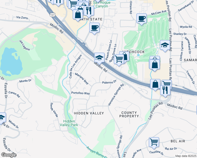 map of restaurants, bars, coffee shops, grocery stores, and more near 653 Ferrara Way in Santa Barbara