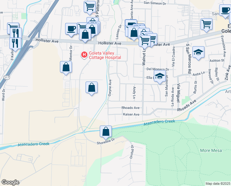 map of restaurants, bars, coffee shops, grocery stores, and more near 5235 Toluca Court in Santa Barbara