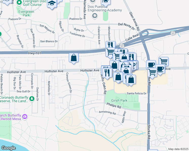 map of restaurants, bars, coffee shops, grocery stores, and more near 215 Pacific Oaks Road in Goleta