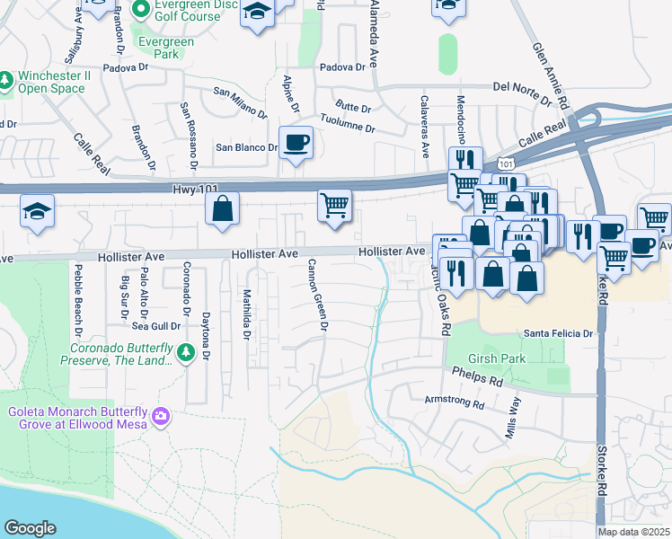 map of restaurants, bars, coffee shops, grocery stores, and more near 7340 Lowell Way in Goleta
