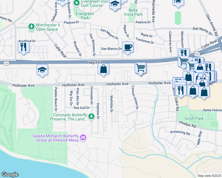 map of restaurants, bars, coffee shops, grocery stores, and more near 224 Ellwood Beach Drive in Goleta
