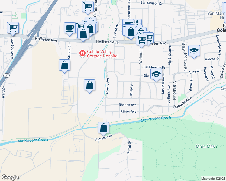map of restaurants, bars, coffee shops, grocery stores, and more near 5235 Toluca Court in Santa Barbara