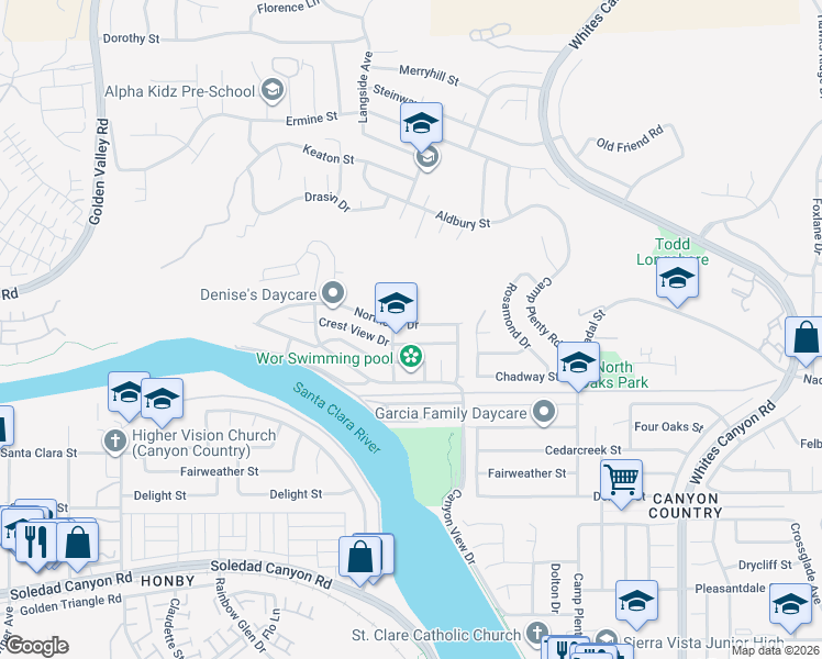 map of restaurants, bars, coffee shops, grocery stores, and more near 19936 Northcliff Drive in Santa Clarita