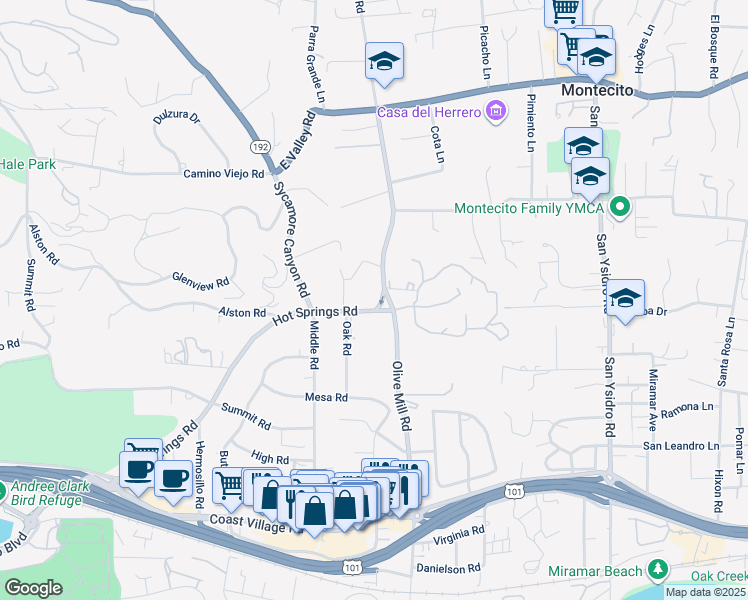 map of restaurants, bars, coffee shops, grocery stores, and more near 319 Hot Springs Road in Montecito