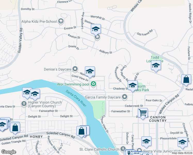 map of restaurants, bars, coffee shops, grocery stores, and more near 19936 Northcliff Drive in Santa Clarita