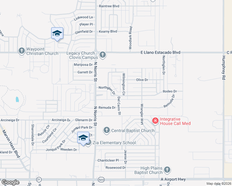 map of restaurants, bars, coffee shops, grocery stores, and more near 2132 Northglen Drive in Clovis
