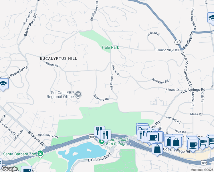 map of restaurants, bars, coffee shops, grocery stores, and more near 115 Summit Lane in Santa Barbara