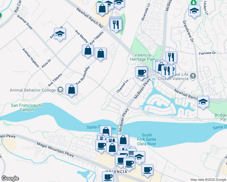 map of restaurants, bars, coffee shops, grocery stores, and more near 27009 Channel Lane in Santa Clarita