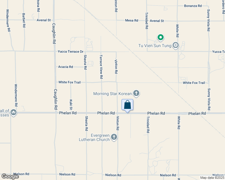 map of restaurants, bars, coffee shops, grocery stores, and more near 8485 White Fox Trail in Phelan