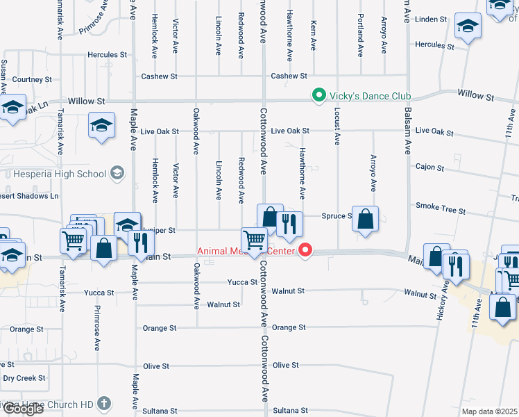 map of restaurants, bars, coffee shops, grocery stores, and more near 9834 Cottonwood Avenue in Hesperia