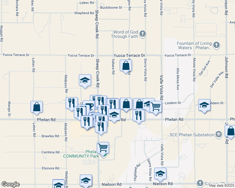 map of restaurants, bars, coffee shops, grocery stores, and more near 9875 Sahara Road in Phelan